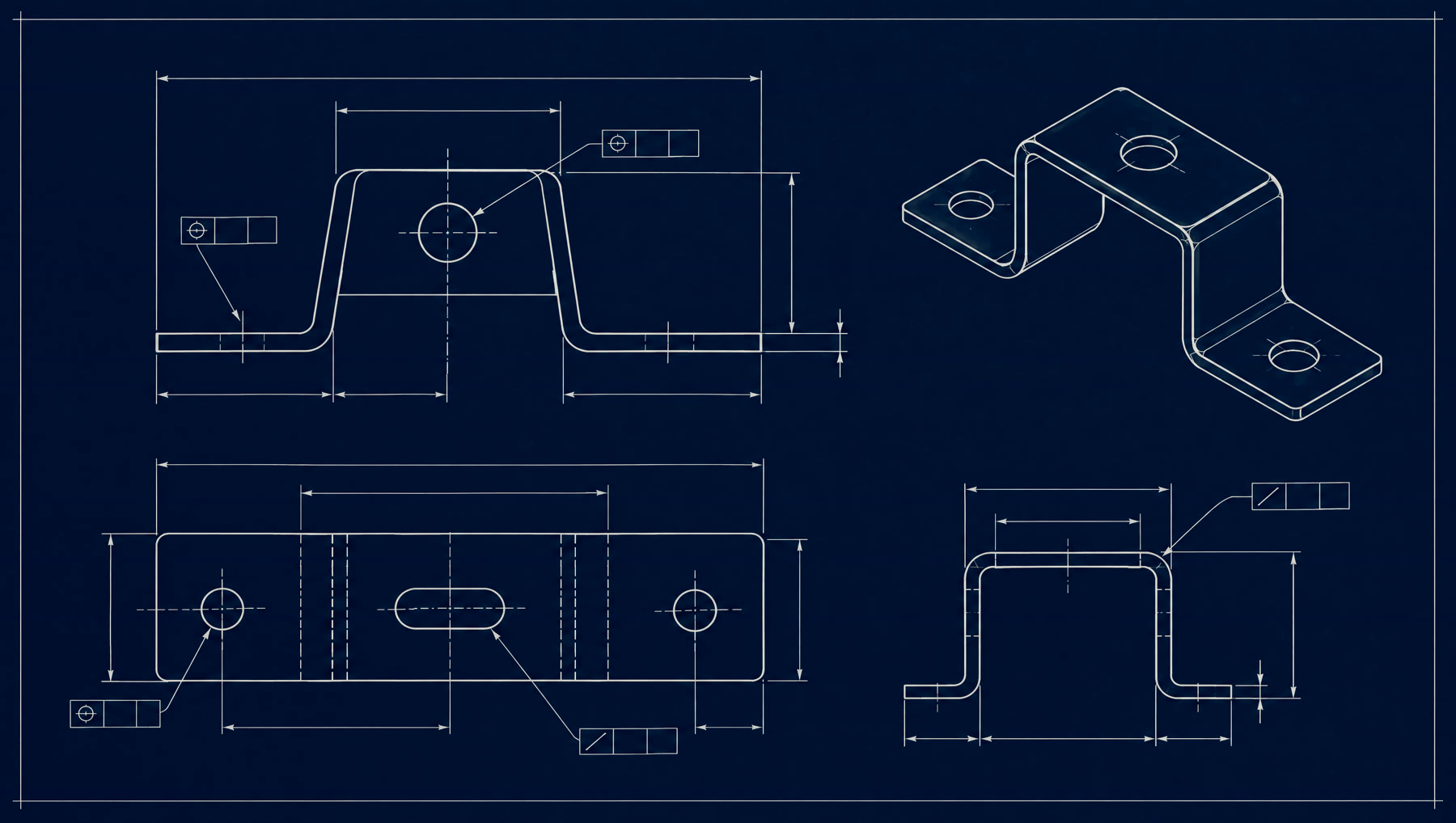 A technical drawing of a formed bracket with dimension lines and callouts