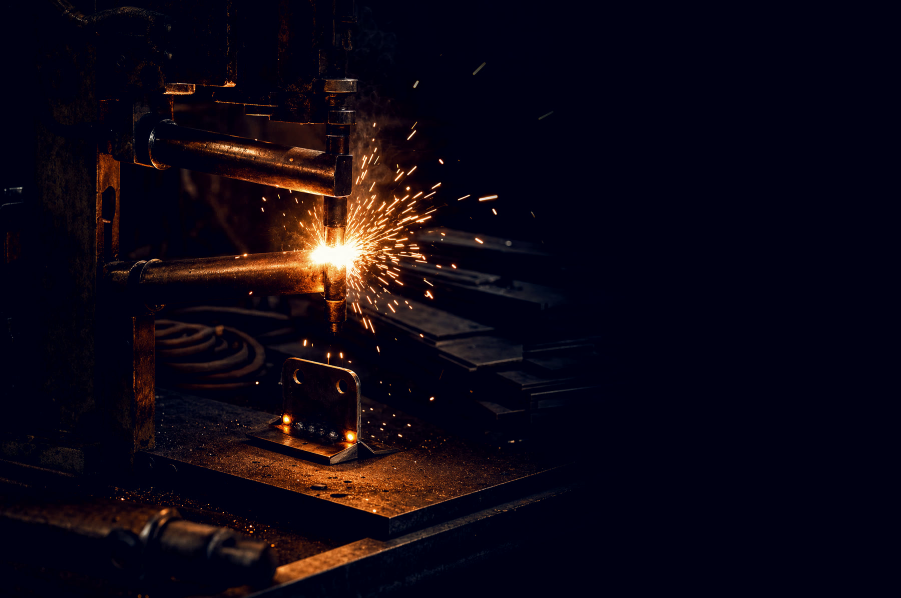 A welding machine throwing sparks across a bench